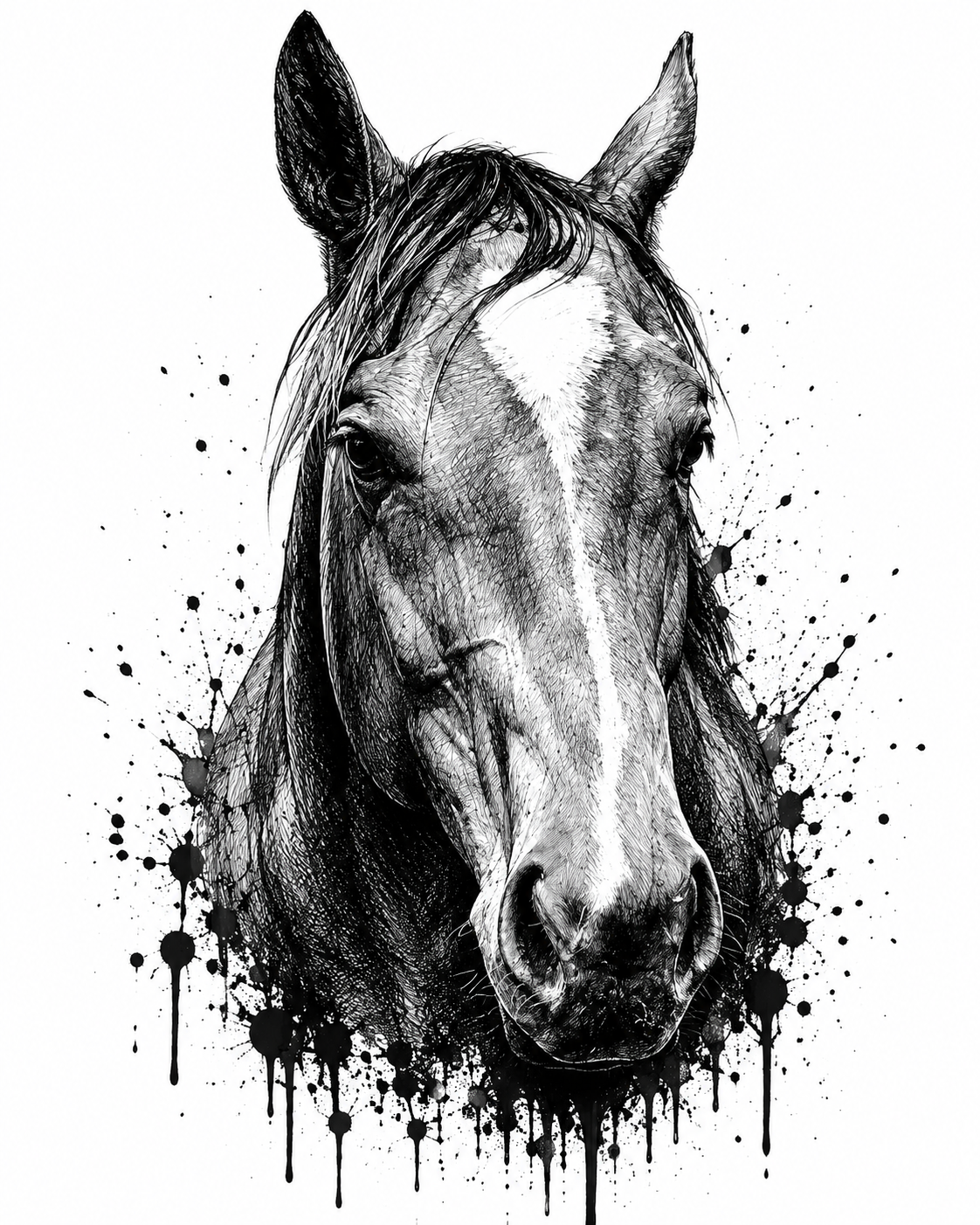 Ink style black and white portrait of a horse with a white blaze down its face, drawn in dense pen linework with ink splatters and drips around it.
