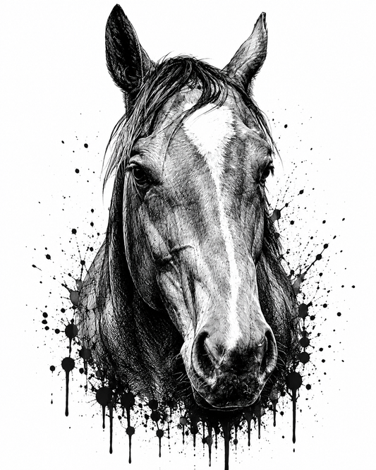 Ink style black and white portrait of a horse with a white blaze down its face, drawn in dense pen linework with ink splatters and drips around it.