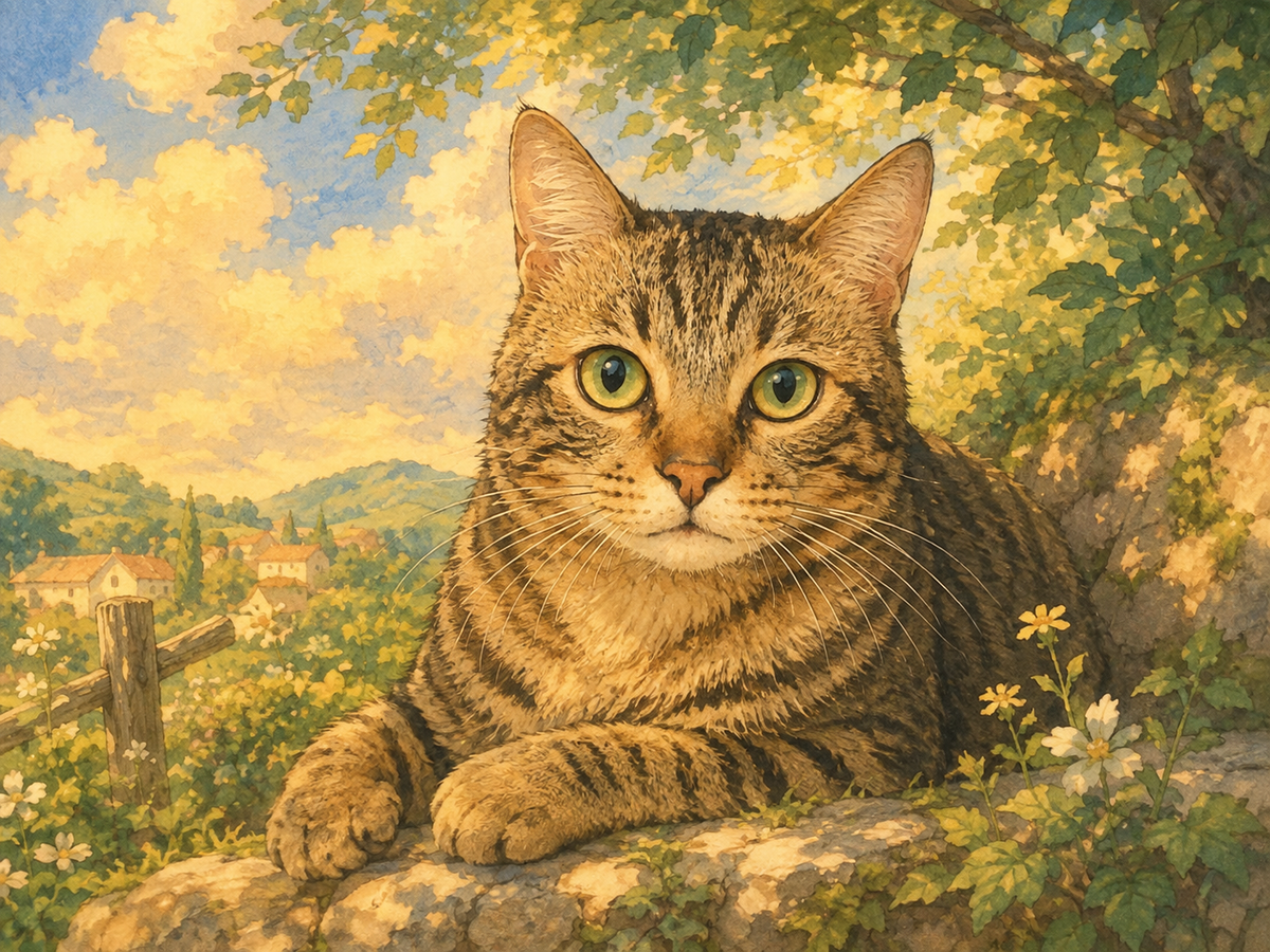 Watercolour portrait of a tabby cat resting on a stone wall under leafy branches, with wildflowers and a sunlit valley behind.
