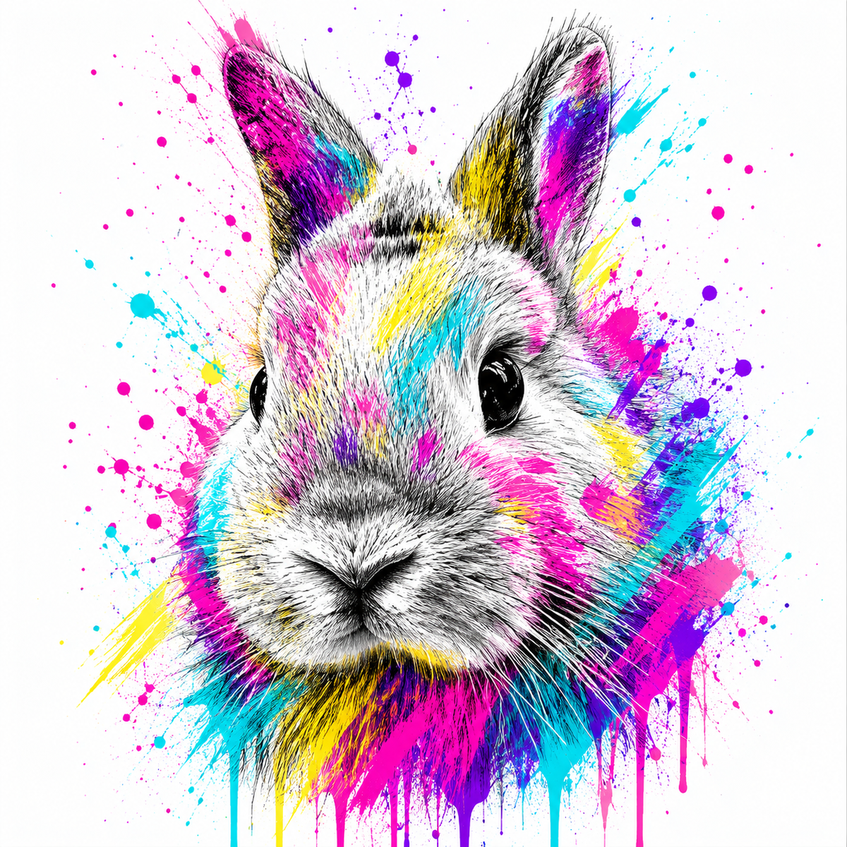 Black and white sketch of a young rabbit overlaid with bright pink, yellow, blue and purple paint splashes and drips on a white background.