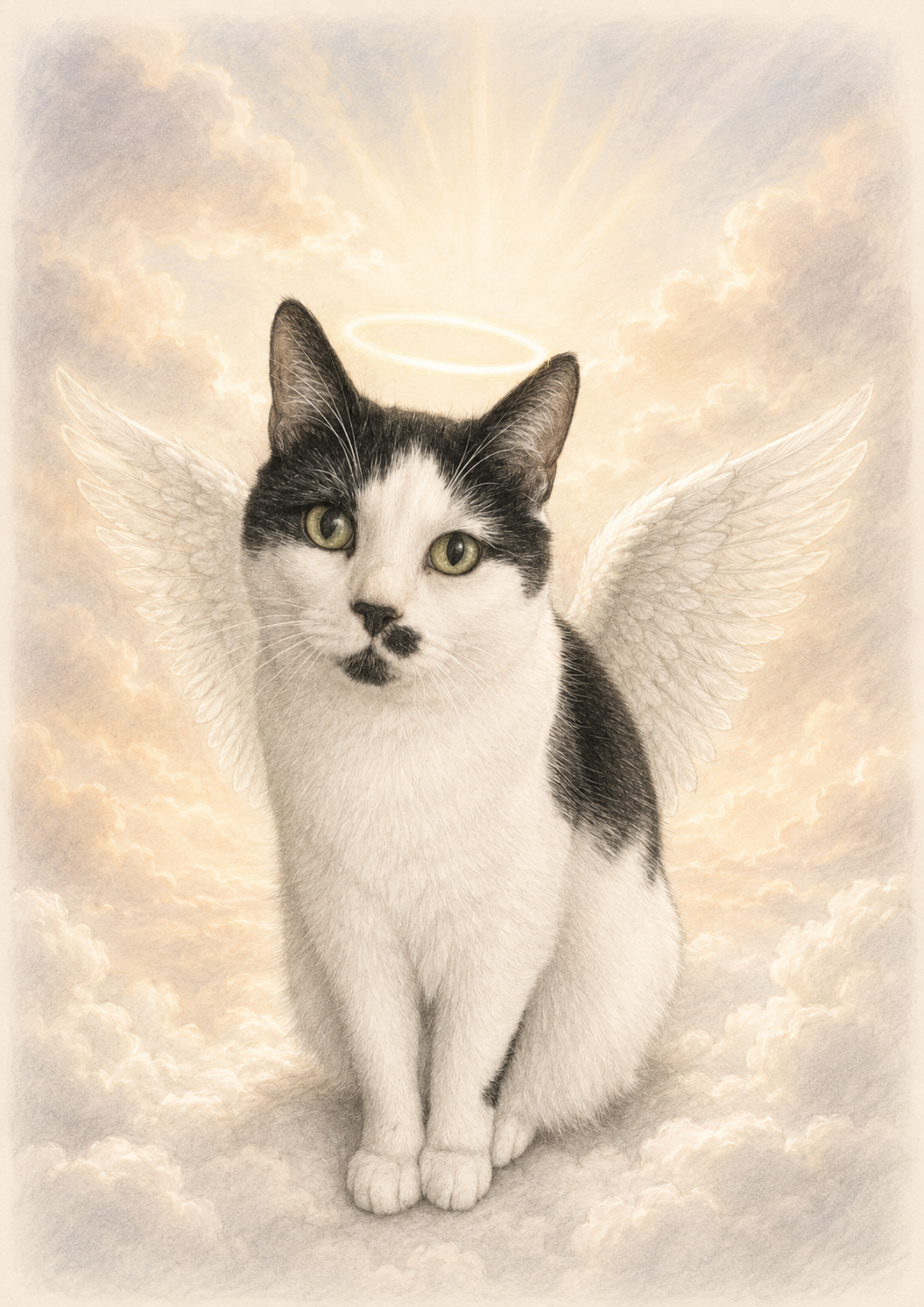 Colour pencil portrait of a black and white cat with feathered angel wings and a golden halo, sitting among sunlit clouds.