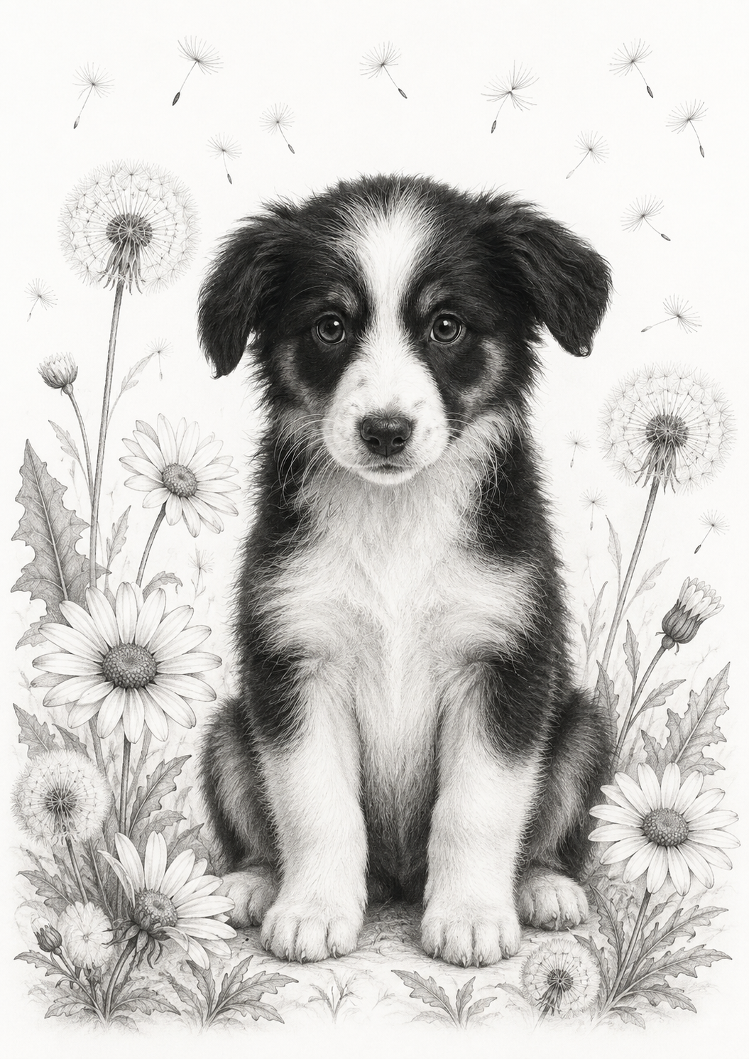 Pencil portrait of a black and white border collie puppy sitting among daisies and dandelion clocks, with seeds drifting across a plain background.