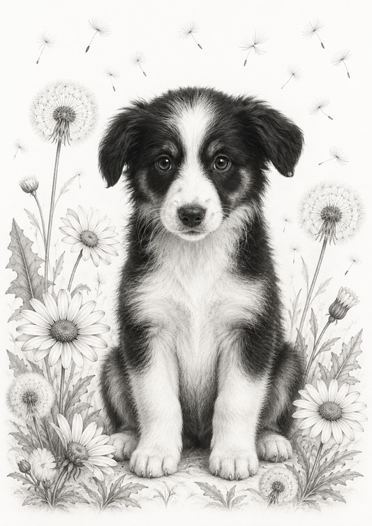 Pencil portrait of a black and white border collie puppy sitting among daisies and dandelion clocks, with seeds drifting across a plain background.