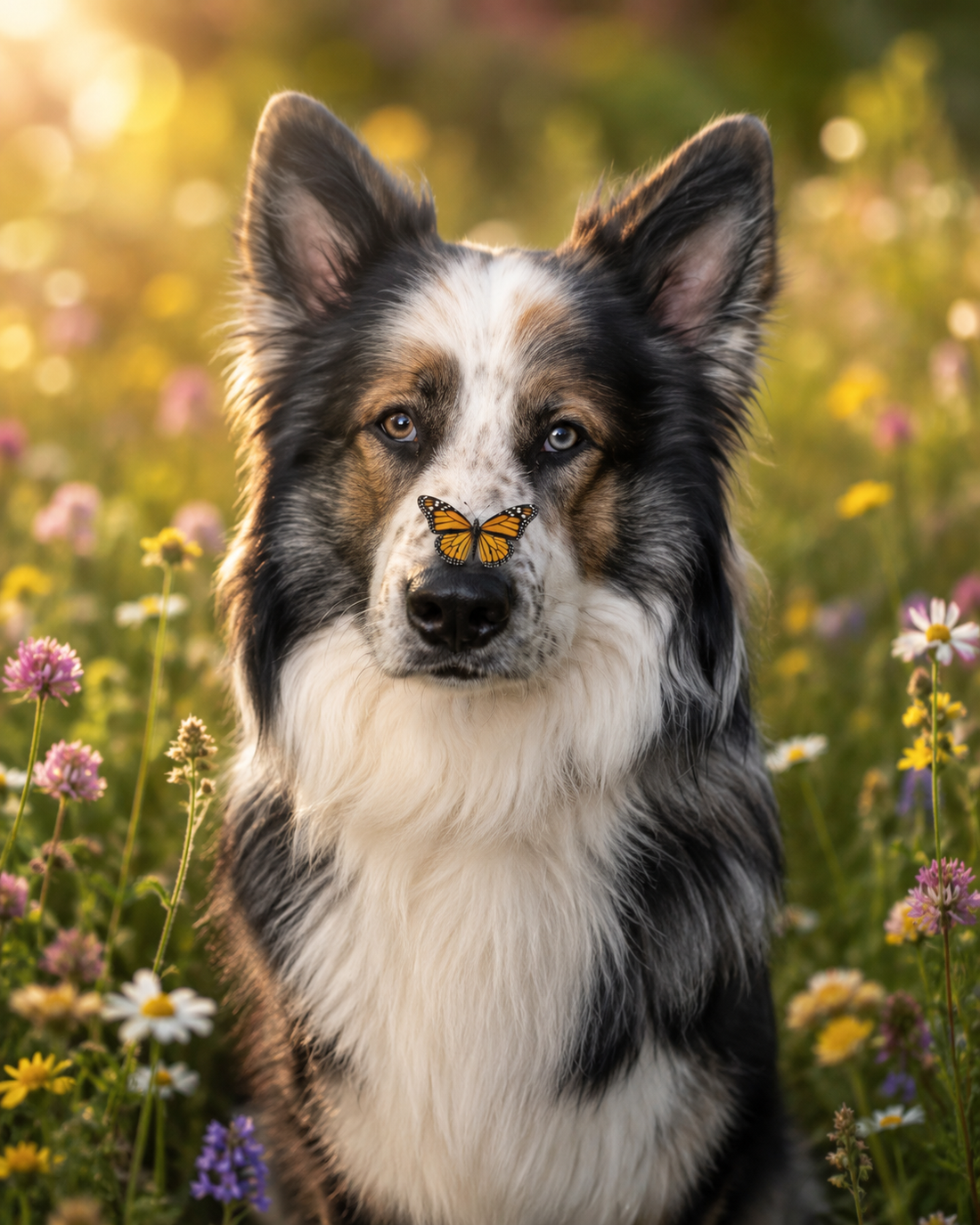 Portrait of a tricolour collie sitting in a sunlit meadow of wildflowers, with a small orange butterfly resting on its nose.