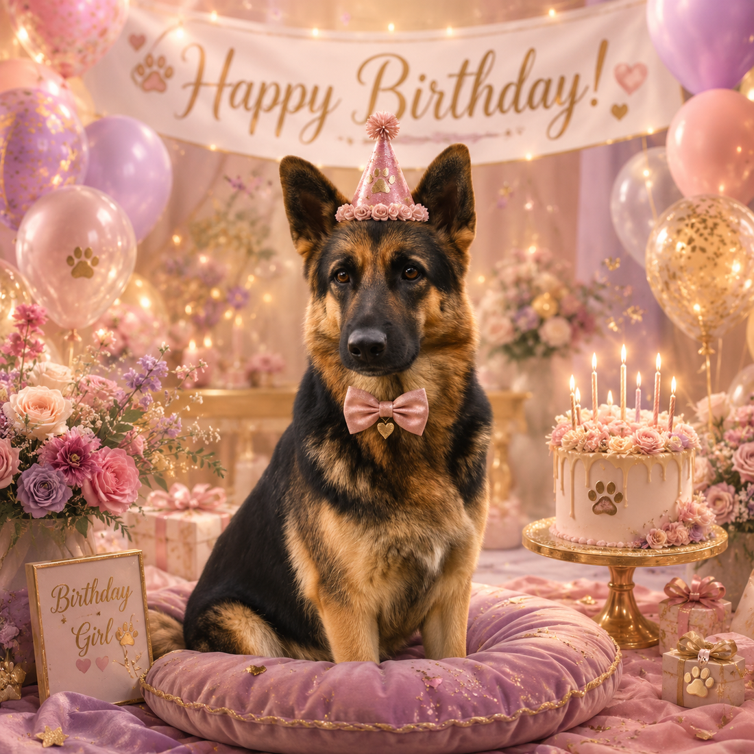 Portrait of a german shepherd in a pink party hat and bow tie, sitting on a velvet cushion beside a candlelit cake, balloons and a Happy Birthday banner.