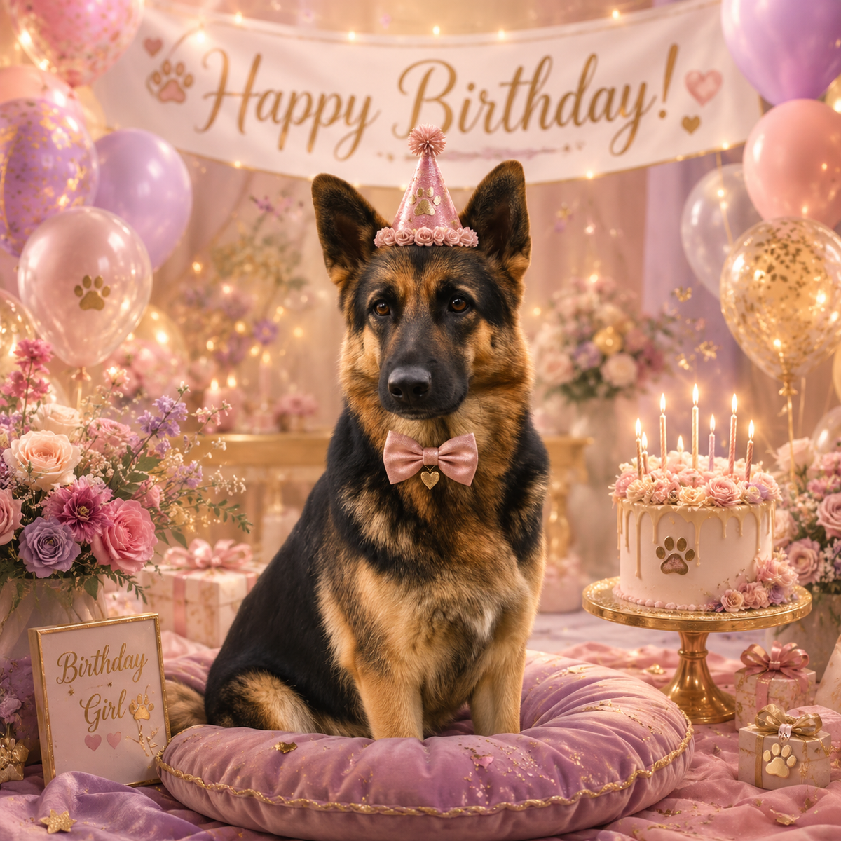 Portrait of a german shepherd in a pink party hat and bow tie, sitting on a velvet cushion beside a candlelit cake, balloons and a Happy Birthday banner.