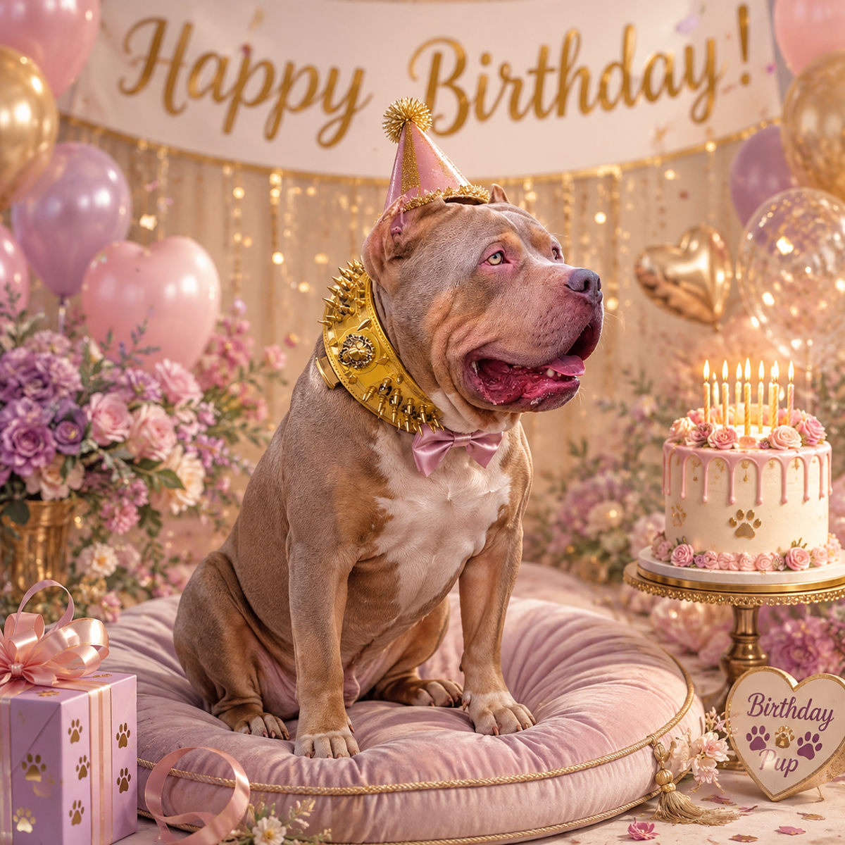 Portrait of a tan and white bully breed dog in a gold party hat and spiked collar, sitting on a velvet cushion beside a candlelit cake, balloons and a Happy Birthday banner.
