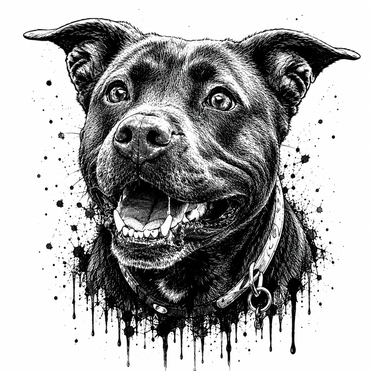 Ink style black and white portrait of a smiling staffordshire bull terrier type dog in a studded collar, drawn in dense pen linework with ink splatters and drips around it.