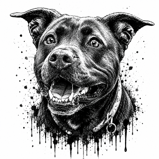 Ink style black and white portrait of a smiling staffordshire bull terrier type dog in a studded collar, drawn in dense pen linework with ink splatters and drips around it.