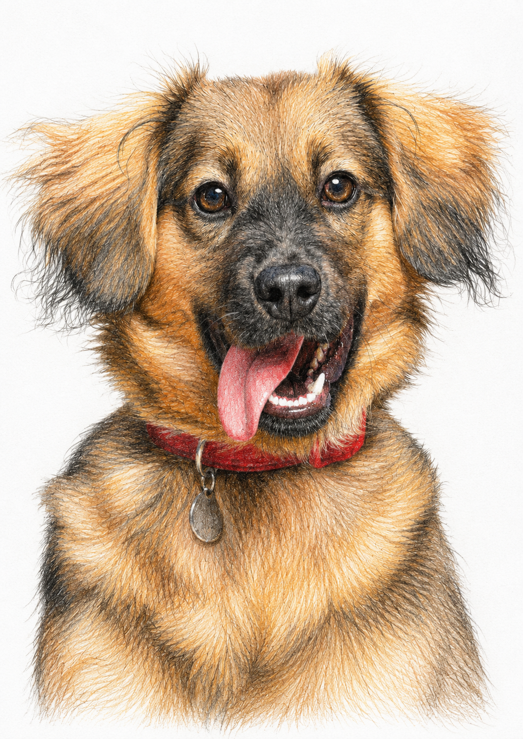 Colour pencil portrait of a tan and black dog with a red collar and name tag, tongue out, on a plain background.