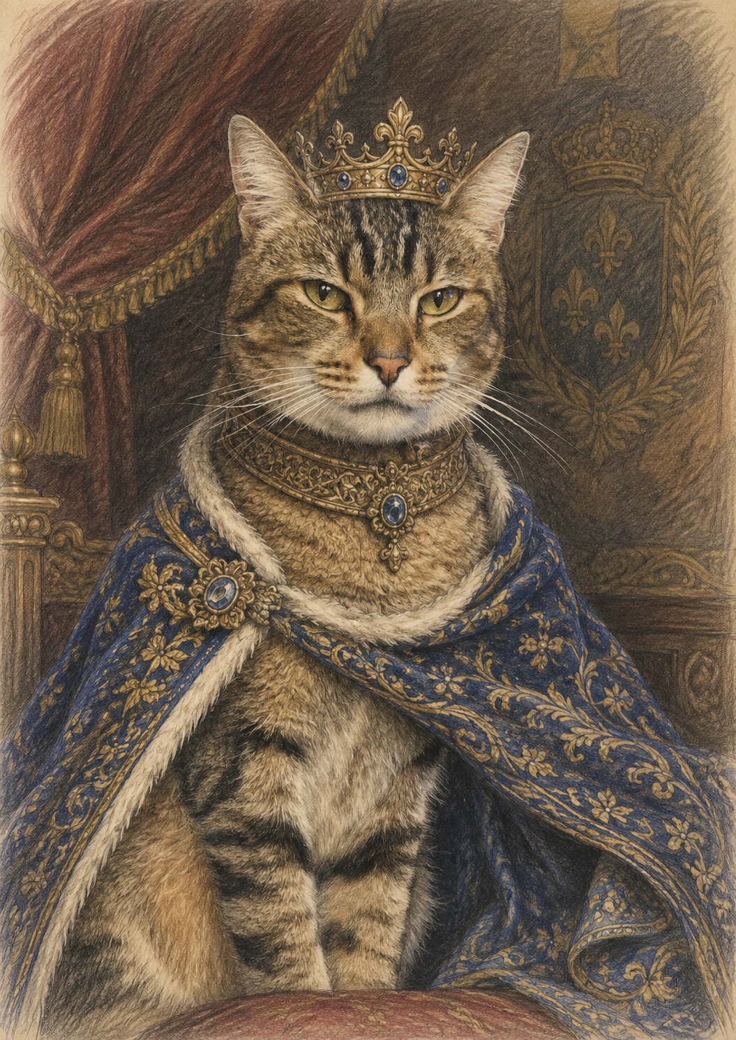 Colour pencil portrait of a tabby cat in a jewelled gold crown and a blue and gold fur trimmed royal cloak, before a draped throne.