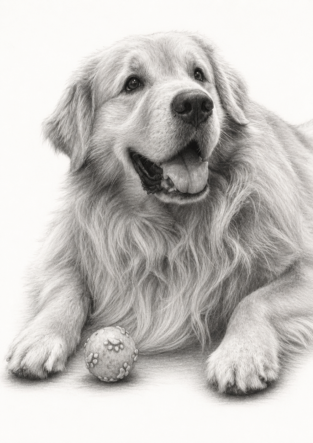 Pencil portrait of a golden retriever lying down with its tongue out and a tennis ball between its front paws, drawn in soft graphite shading on a plain background.