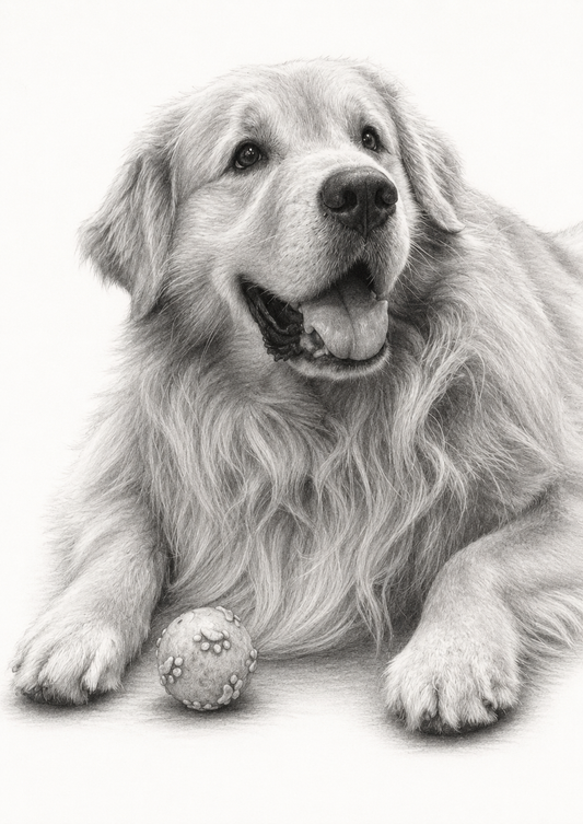 Pencil portrait of a golden retriever lying down with its tongue out and a tennis ball between its front paws, drawn in soft graphite shading on a plain background.