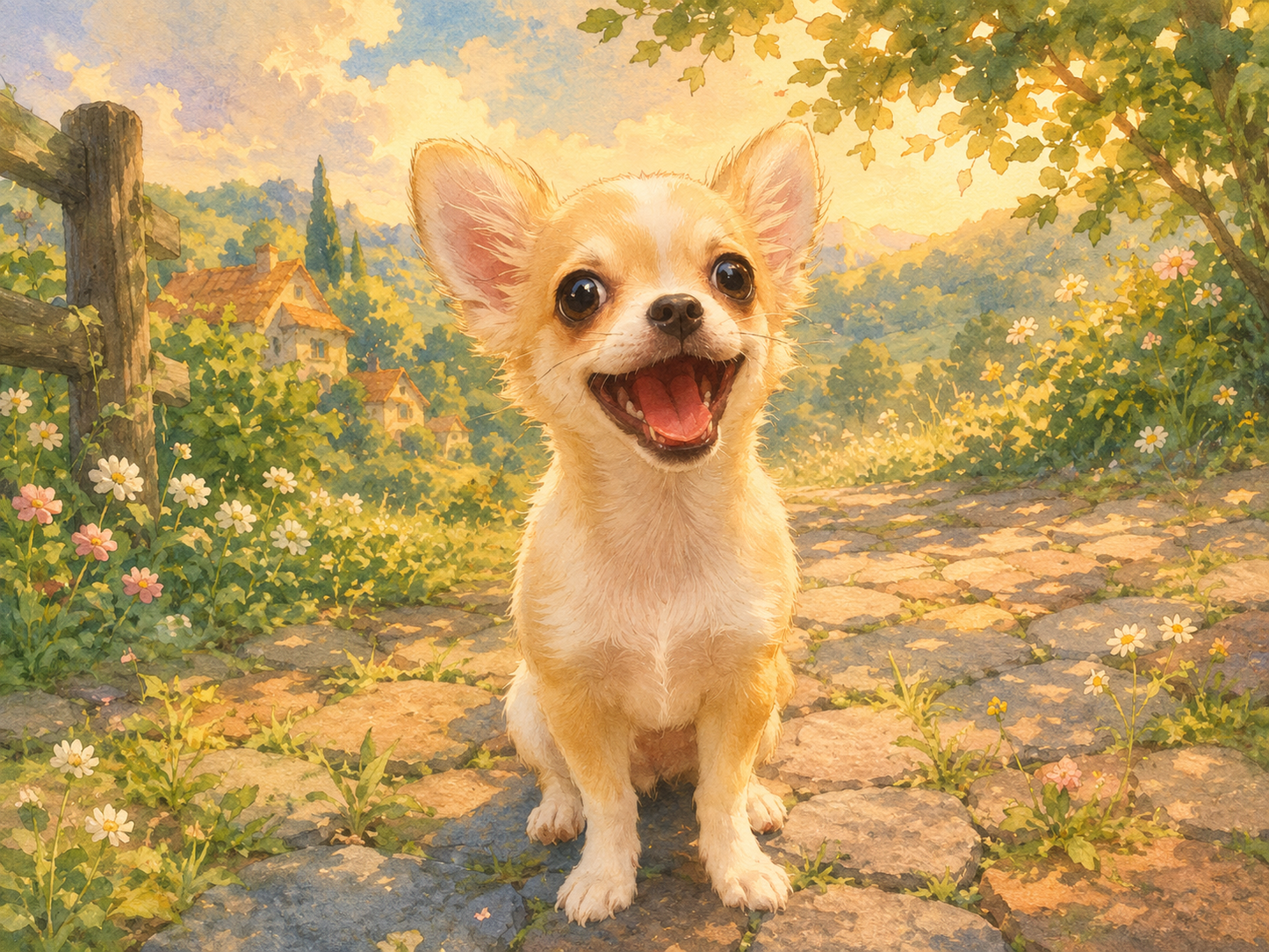 Watercolour portrait of a long haired cream chihuahua sitting on a cobbled path, with daisies, a wooden fence and a sunlit village behind.