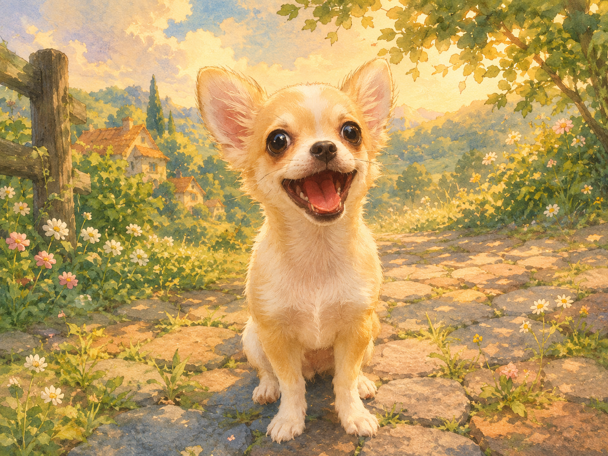 Watercolour portrait of a long haired cream chihuahua sitting on a cobbled path, with daisies, a wooden fence and a sunlit village behind.