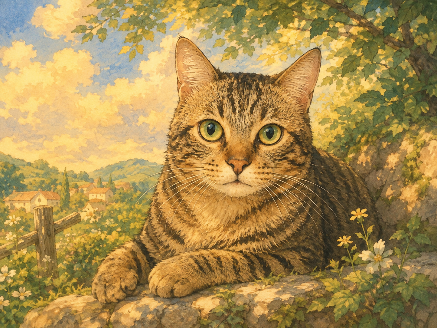Watercolour portrait of a tabby cat resting on a stone wall under leafy branches, with wildflowers and a sunlit valley behind.