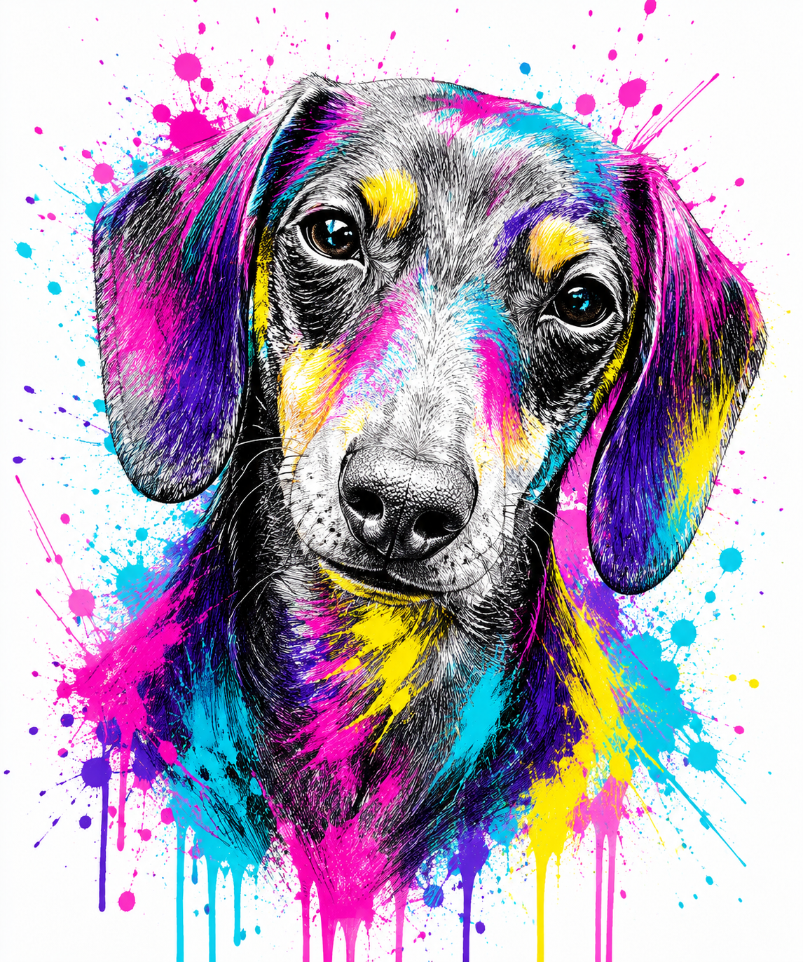 Black and white sketch of a dachshund overlaid with bright pink, yellow, blue and purple paint splashes and drips on a white background.