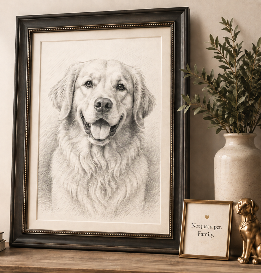 Framed pencil portrait of a golden retriever on a wooden console table, beside a ceramic vase of eucalyptus and a small gold dog figurine.
